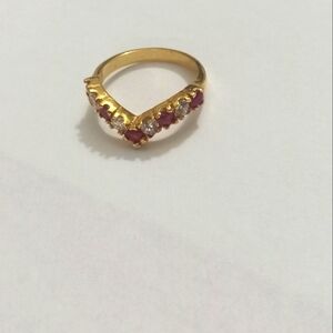 Merlite Rubies, Diamonds, & White Zircons Gold Plated "V" Ring Size: 7